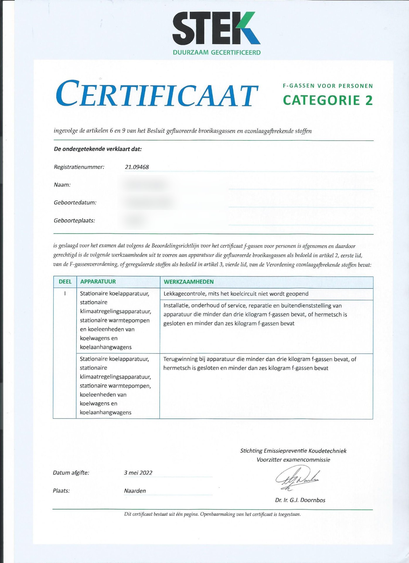 STEK F-gassen certificaat categorie 2 van Airco Doetinchem
