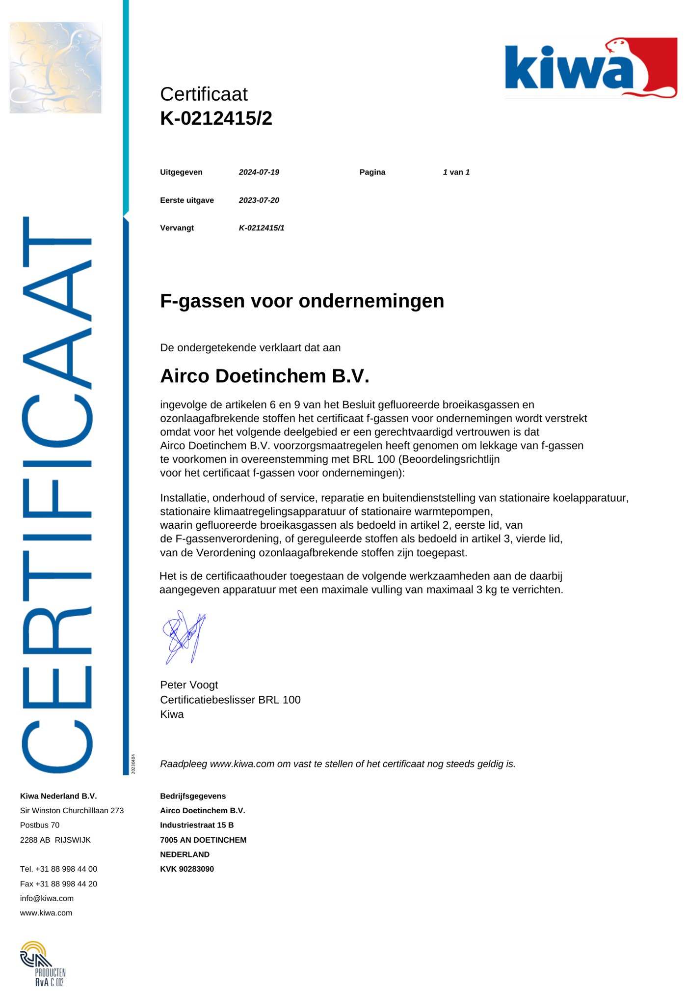 KIWA-certificaat K-0212415 van Airco Doetinchem